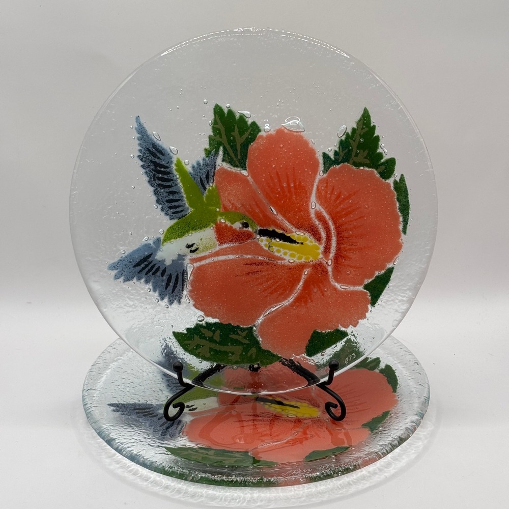 Peggy Karr Art Glass Hummingbird Hibiscus Round Decorative Plate Set of 2